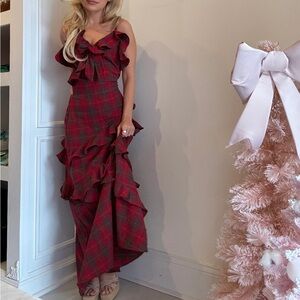 Red Plaid Ruffle Maxi Dress